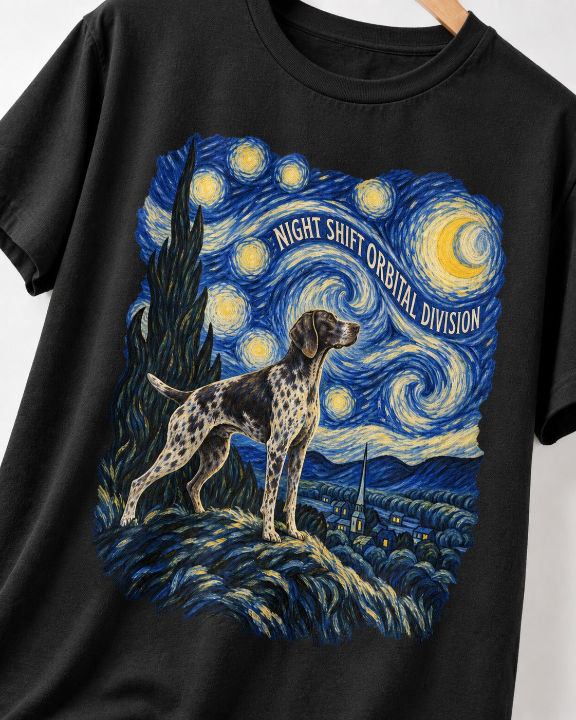 German Shorthaired Pointer Night Shift Orbital Division Starry Night Graphic T-Shirt in Black, close-up of the graphic