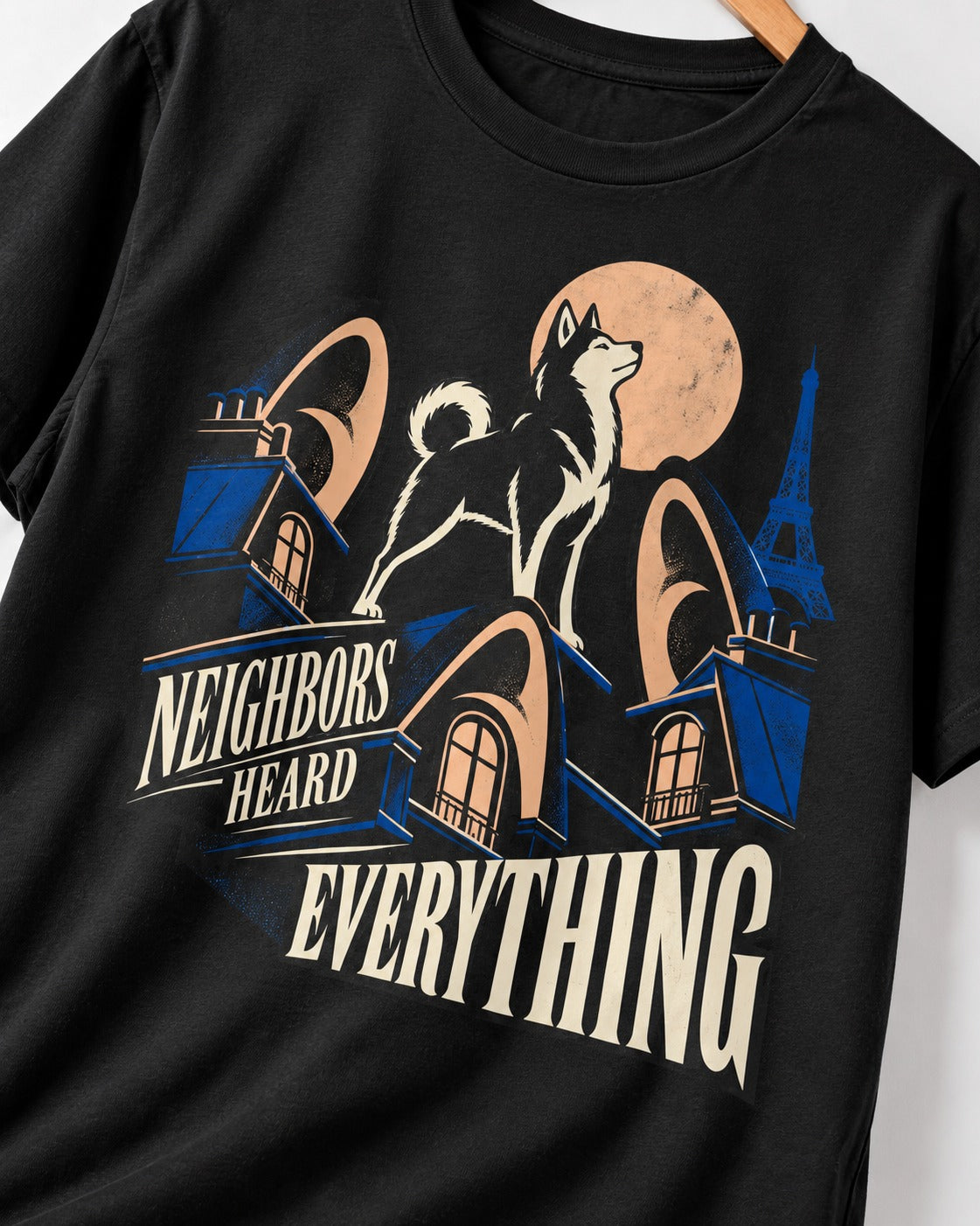 Husky Neighbors Heard Everything Paris Rooftop Graphic T-Shirt in Black, close-up of the graphic