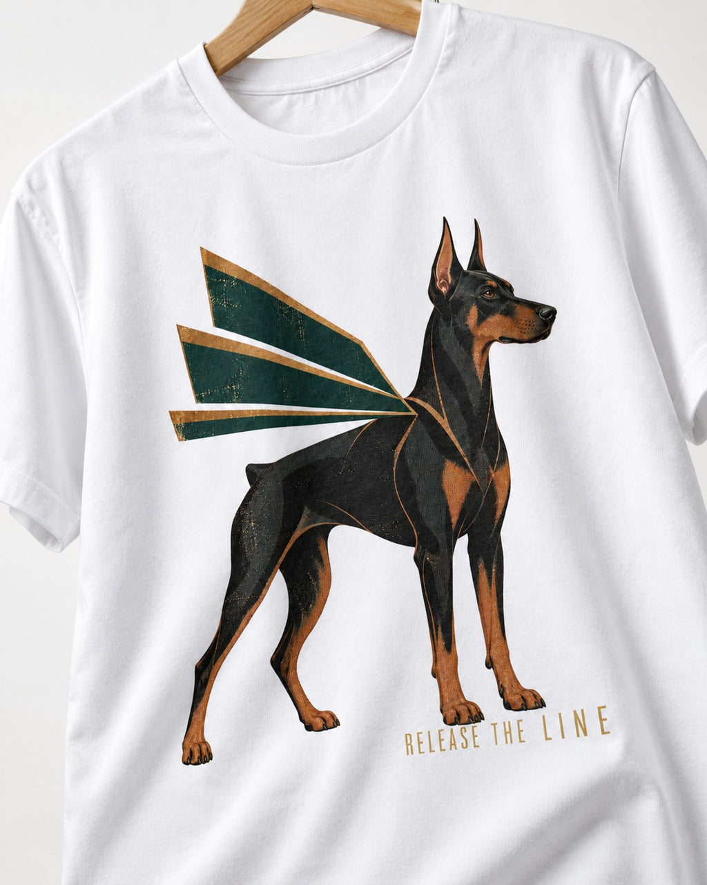 Release the Doberman Line T-Shirt in White, close-up of the graphic