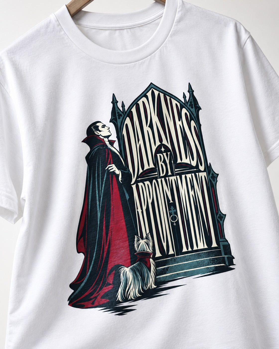 Darkness by Appointment with Yorkshire Terrier T-Shirt in White, close-up of the graphic