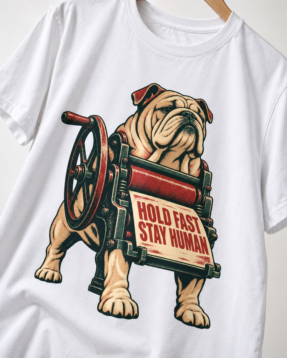 Hold Fast Stay Human English Bulldog T-Shirt in White, close-up of the graphic