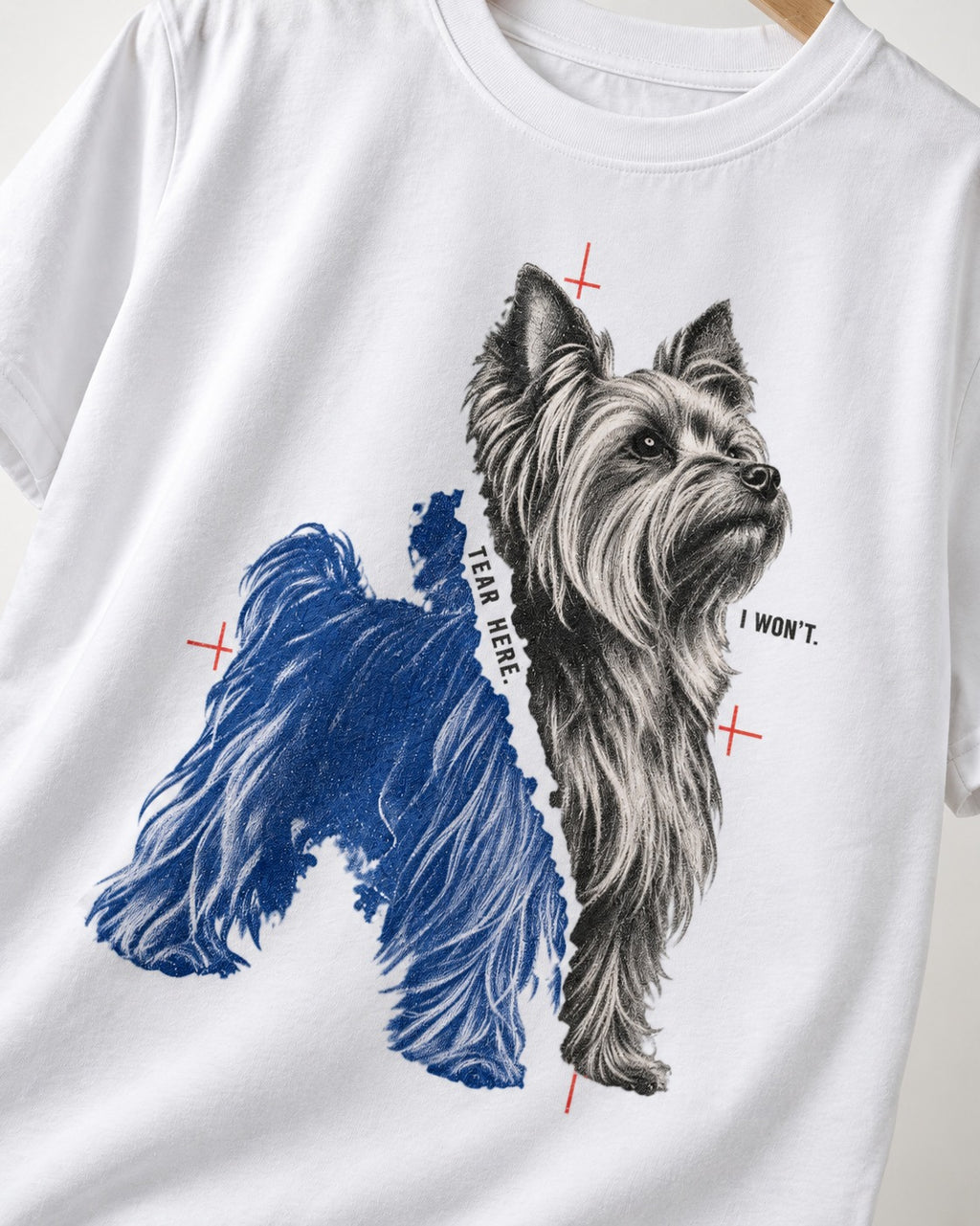 Yorkshire Terrier I Won't Tear Here T-Shirt in White, close-up of the graphic
