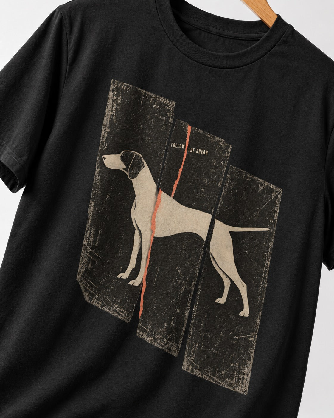 German Shorthaired Pointer Follow The Shear Split Panel Graphic T-Shirt in Black, close-up of the graphic
