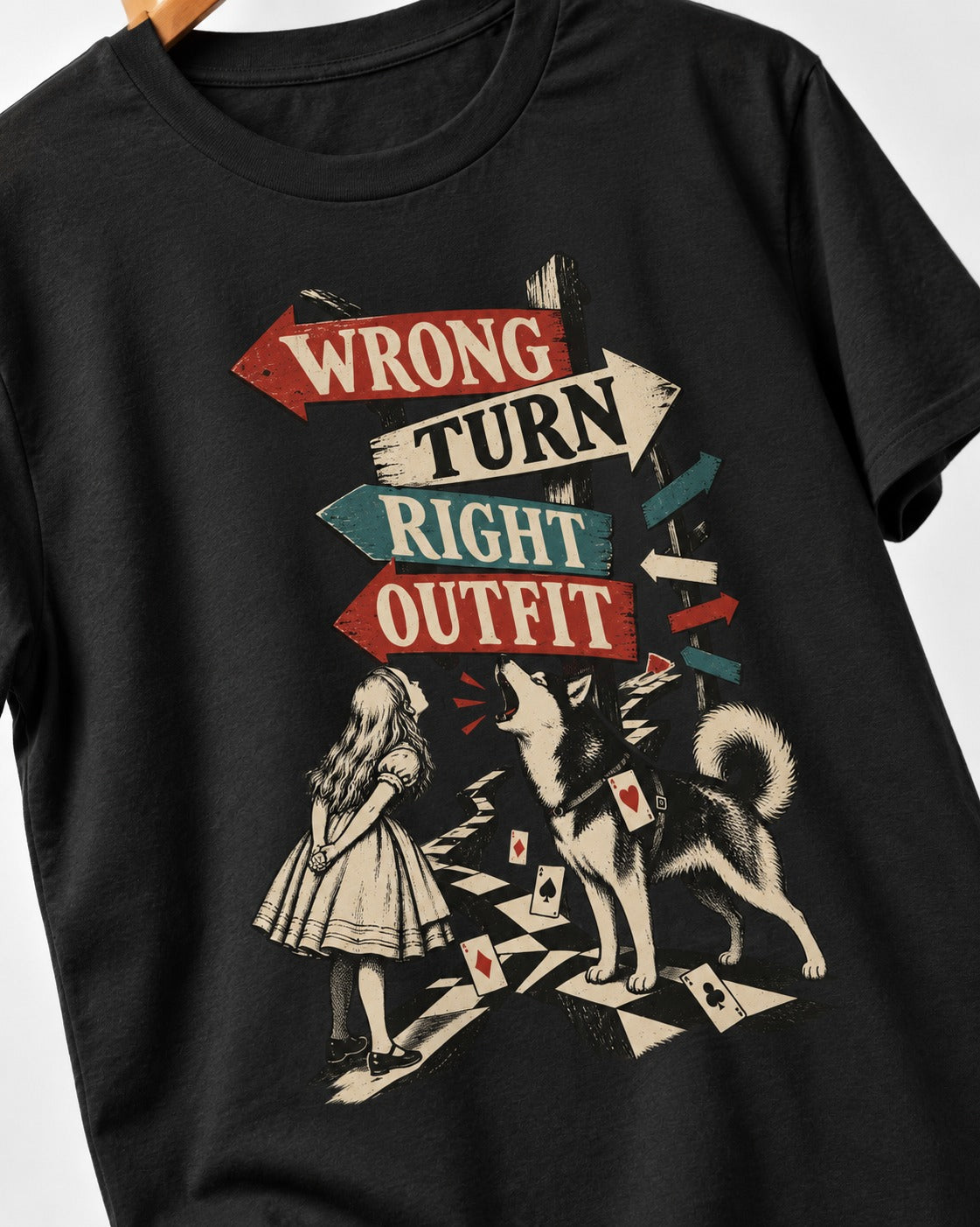 Husky Wrong Turn Right Outfit Wonderland Signpost Graphic T-Shirt in Black, close-up of the graphic