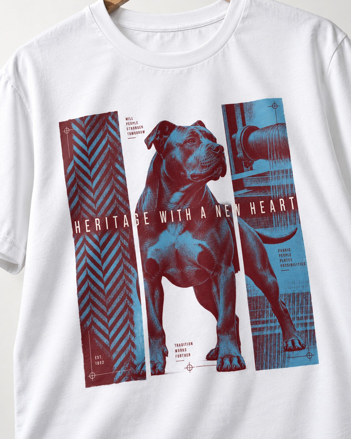 Pitbull Heritage with New Heart T-Shirt in White, close-up of the graphic