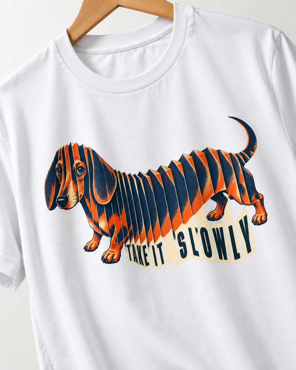 Take It Slowly Dachshund T-Shirt in White, close-up of the graphic