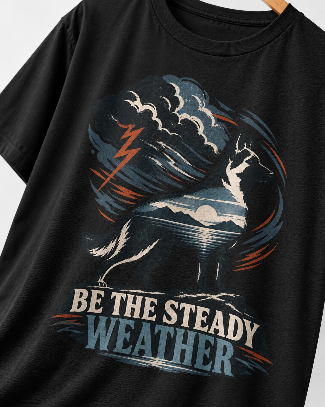 Be the Steady Weather Storm German Shepherd Dog Graphic T-Shirt in Black, close-up of the graphic
