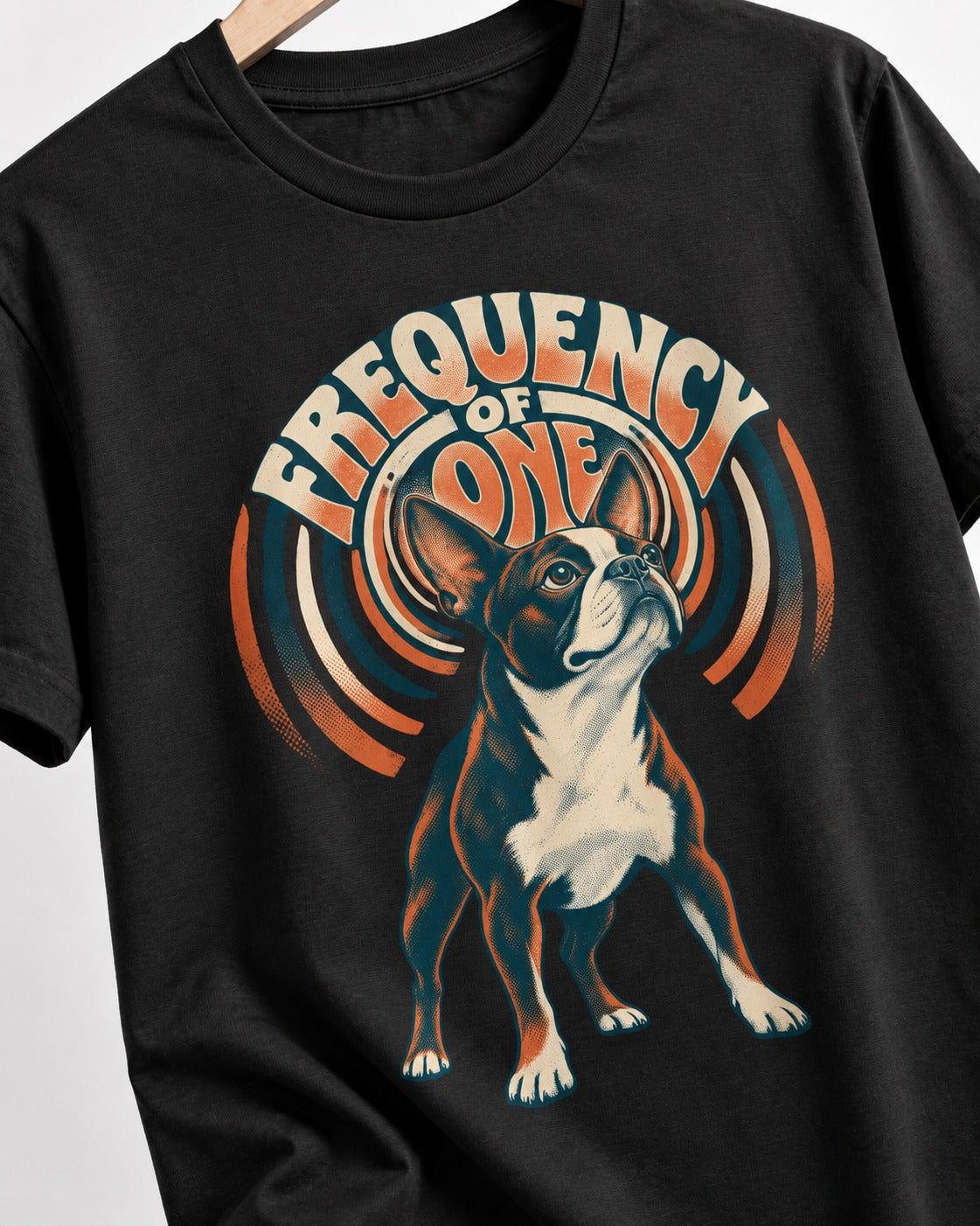 Frequency of One Boston Terrier Graphic T-Shirt in Black, close-up of the graphic