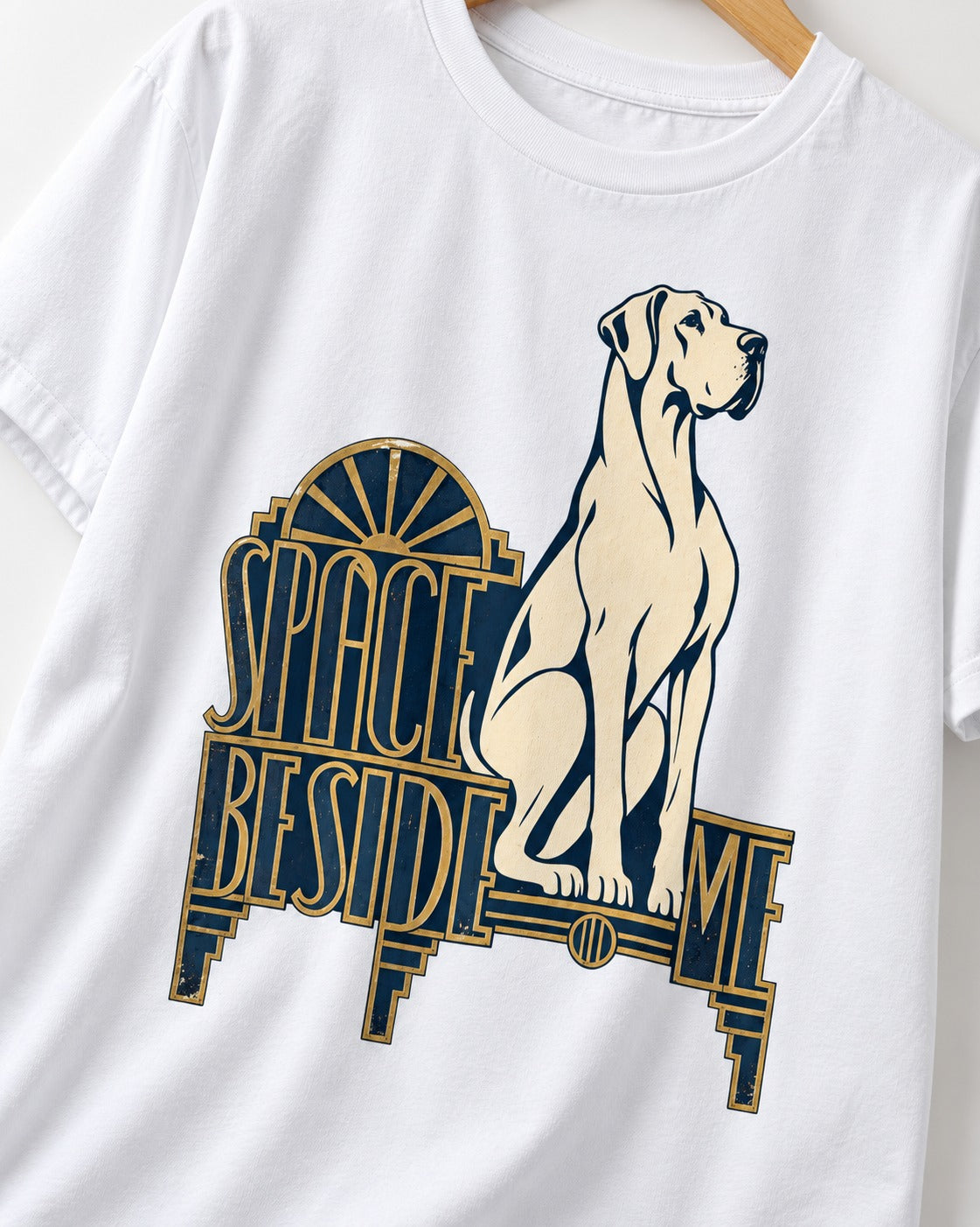 Great Dane's Space Beside Me T-Shirt in White, close-up of the graphic