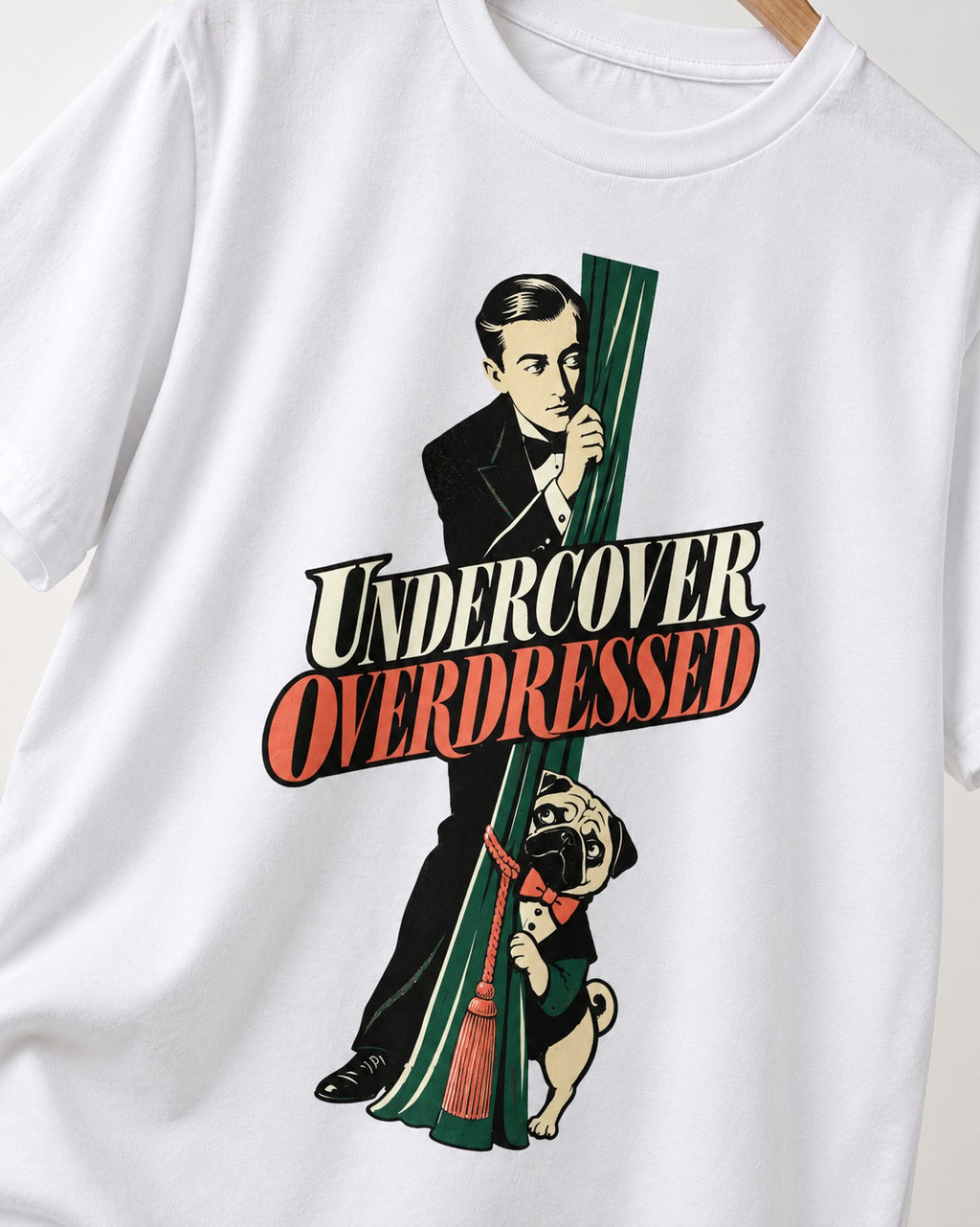 Undercover Overdressed Pug T-Shirt in White, close-up of the graphic