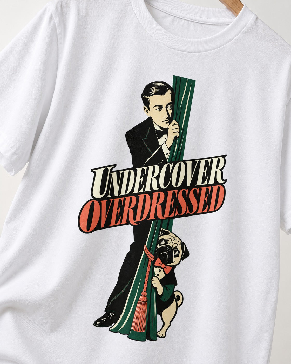 Undercover Overdressed Pug T-Shirt in White, close-up of the graphic