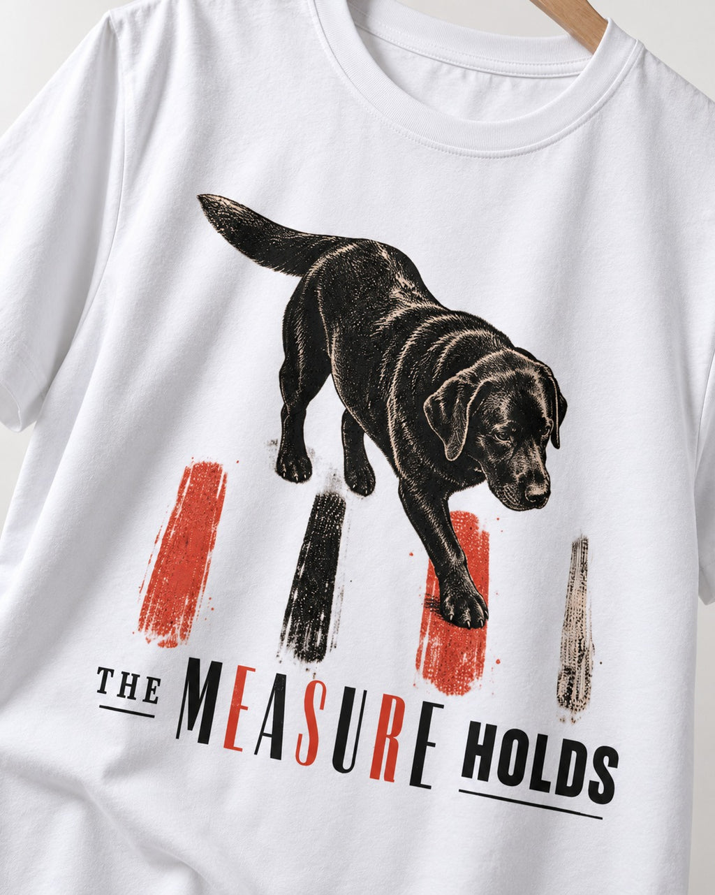Labrador Retriever The Measure Holds T-Shirt in White, close-up of the graphic