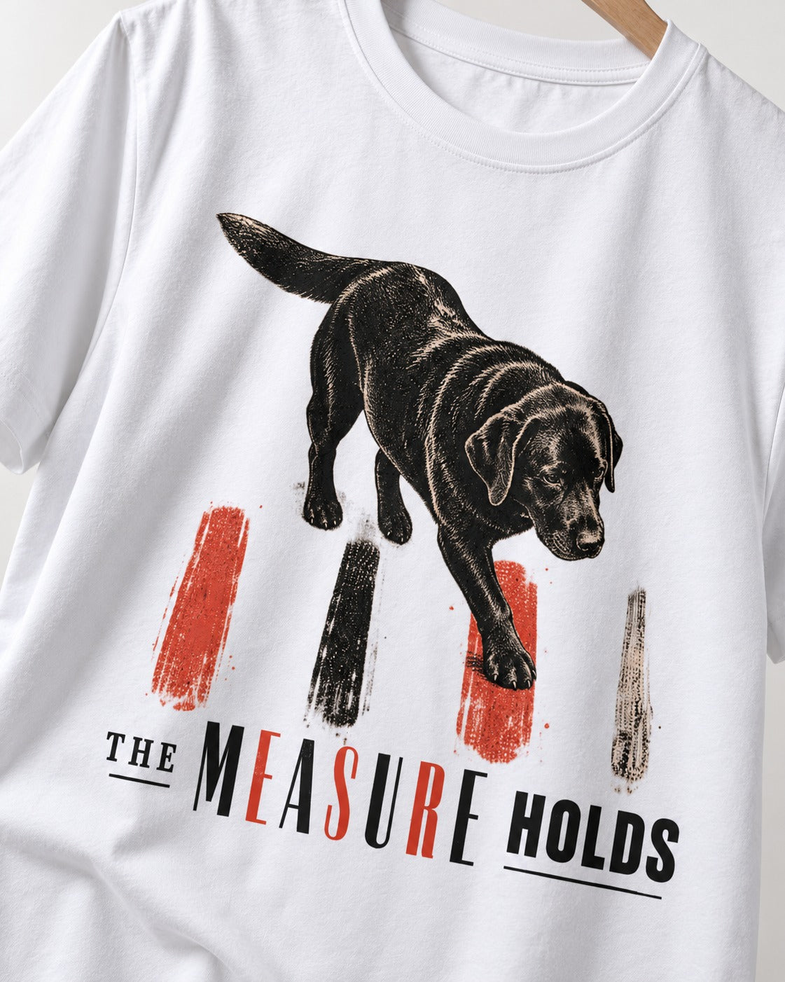 Labrador Retriever The Measure Holds T-Shirt in White, close-up of the graphic