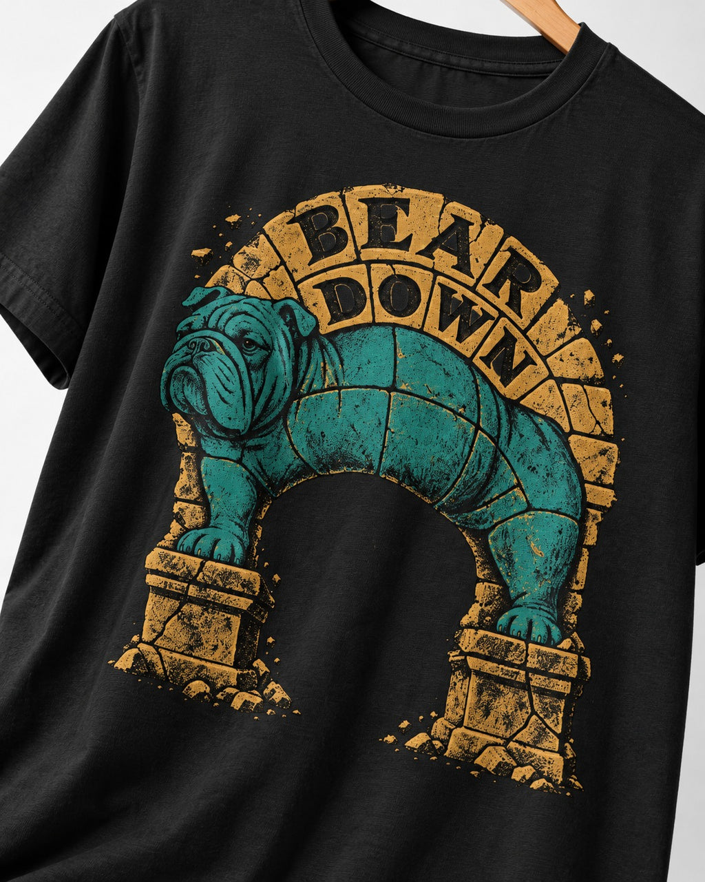 English Bulldog Bear Down Stone Arch Graphic T-Shirt in Black, close-up of the graphic