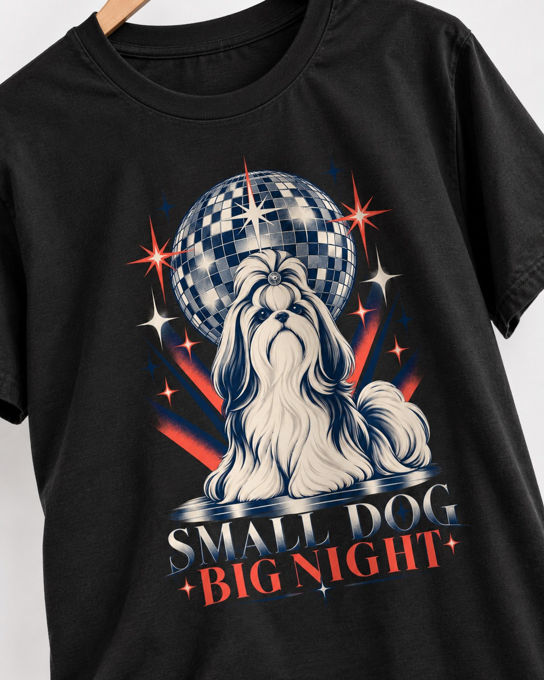 Shih Tzu Small Dog Big Night Disco Graphic T-Shirt in Black, close-up of the graphic