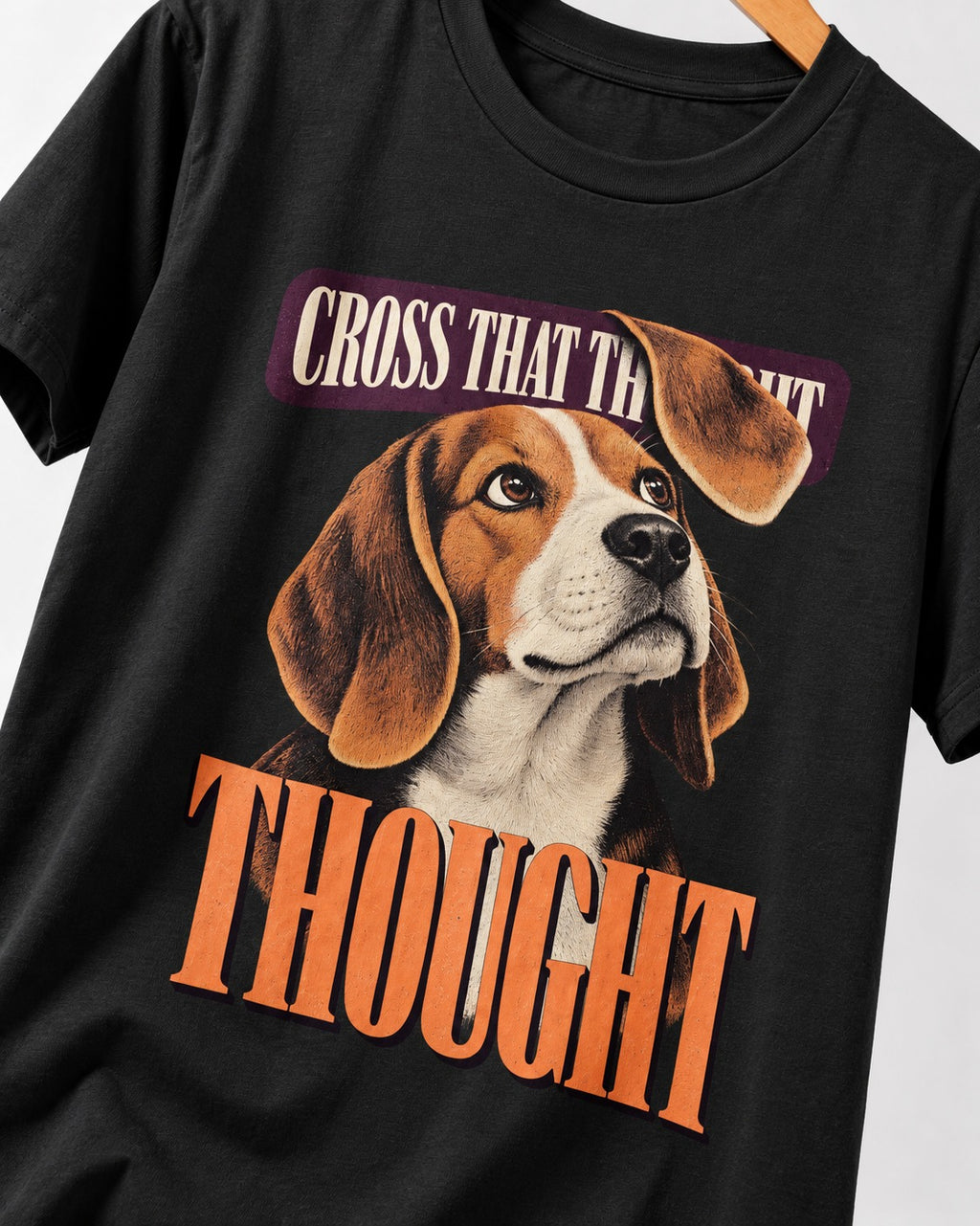 Cross That Beagle Thought T-Shirt in Black, close-up of the graphic