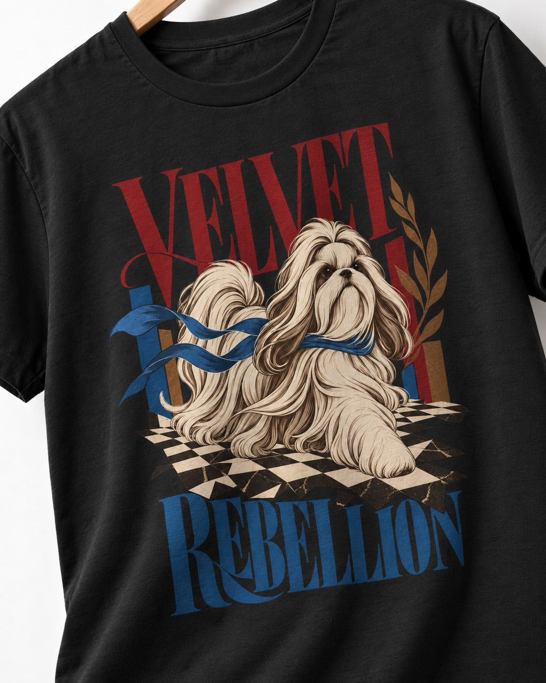 Shih Tzu Velvet Rebellion Checkerboard Graphic T-Shirt in Black, close-up of the graphic