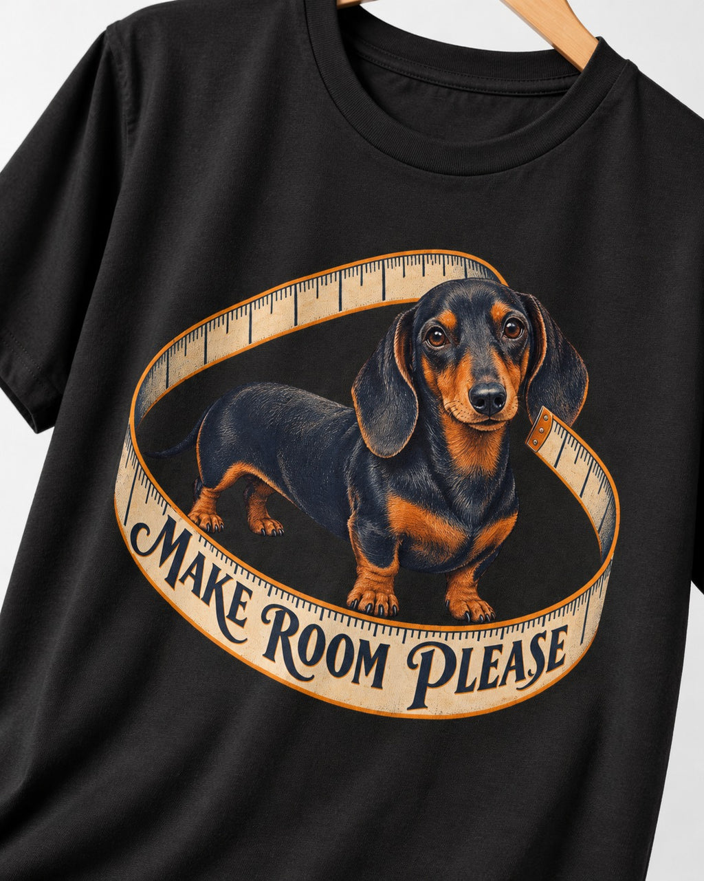 Dachshund Make Room Please Measuring Tape Graphic T-Shirt in Black, close-up of the graphic