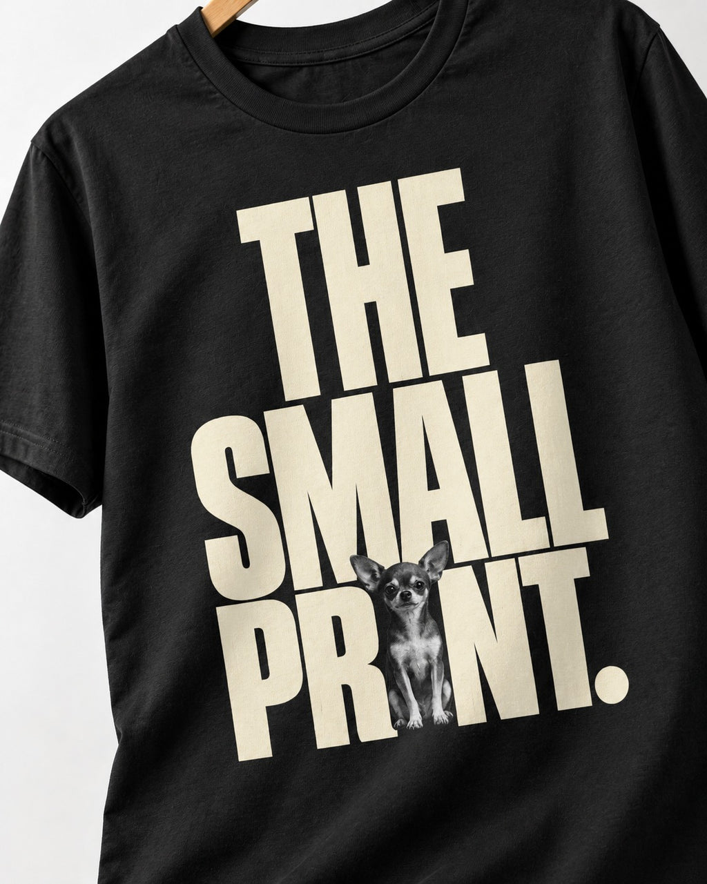 Chihuahua The Small Print Typographic Portrait T-Shirt in Black, close-up of the graphic