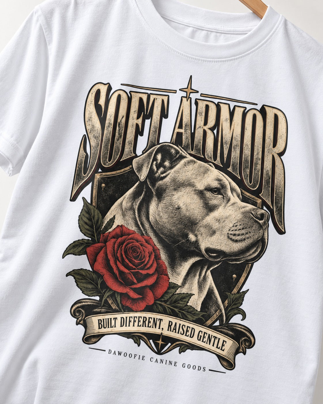 Pitbull Soft Armor T-Shirt in White, close-up of the graphic
