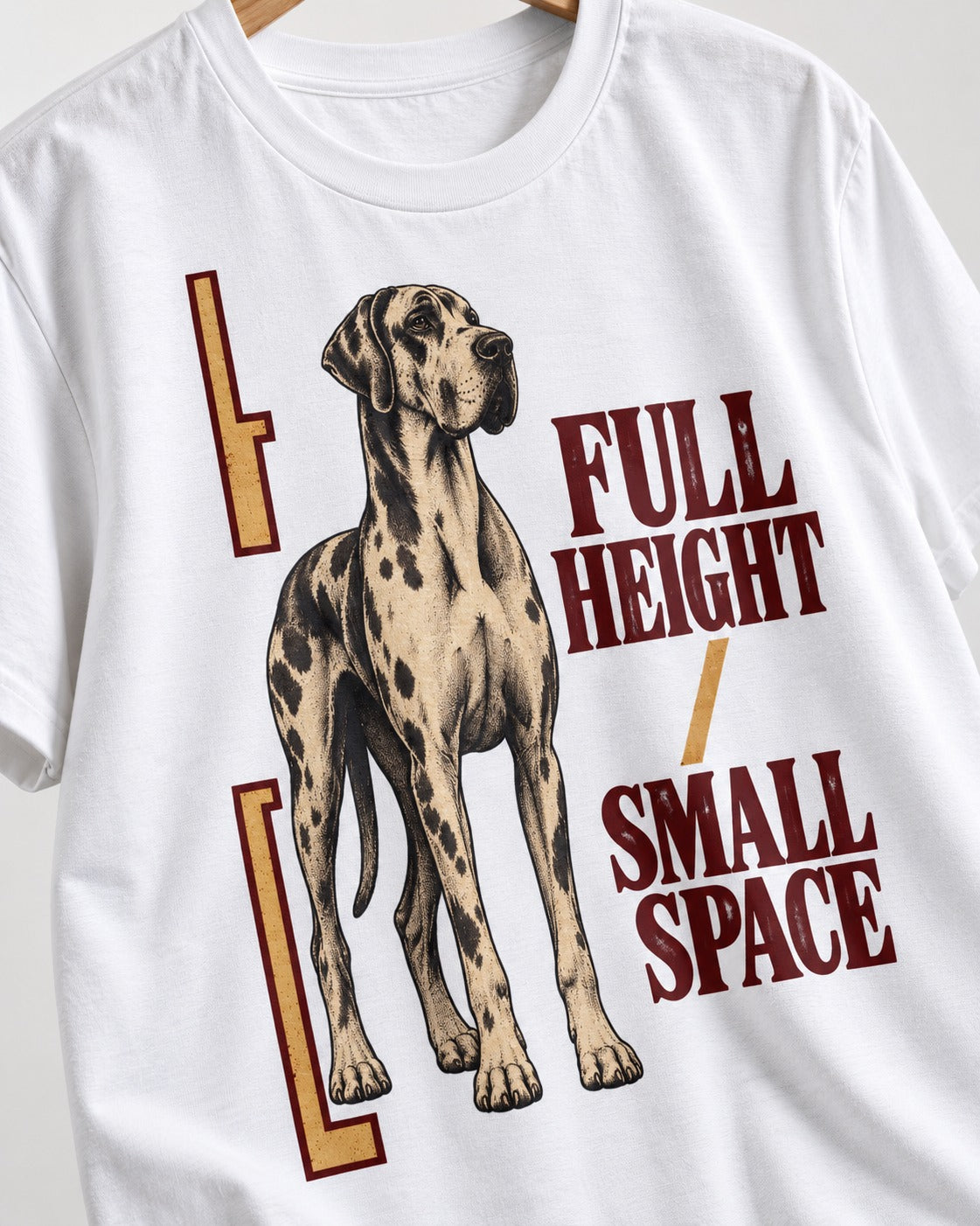 Great Dane Full Height Small Space T-Shirt in White, close-up of the graphic