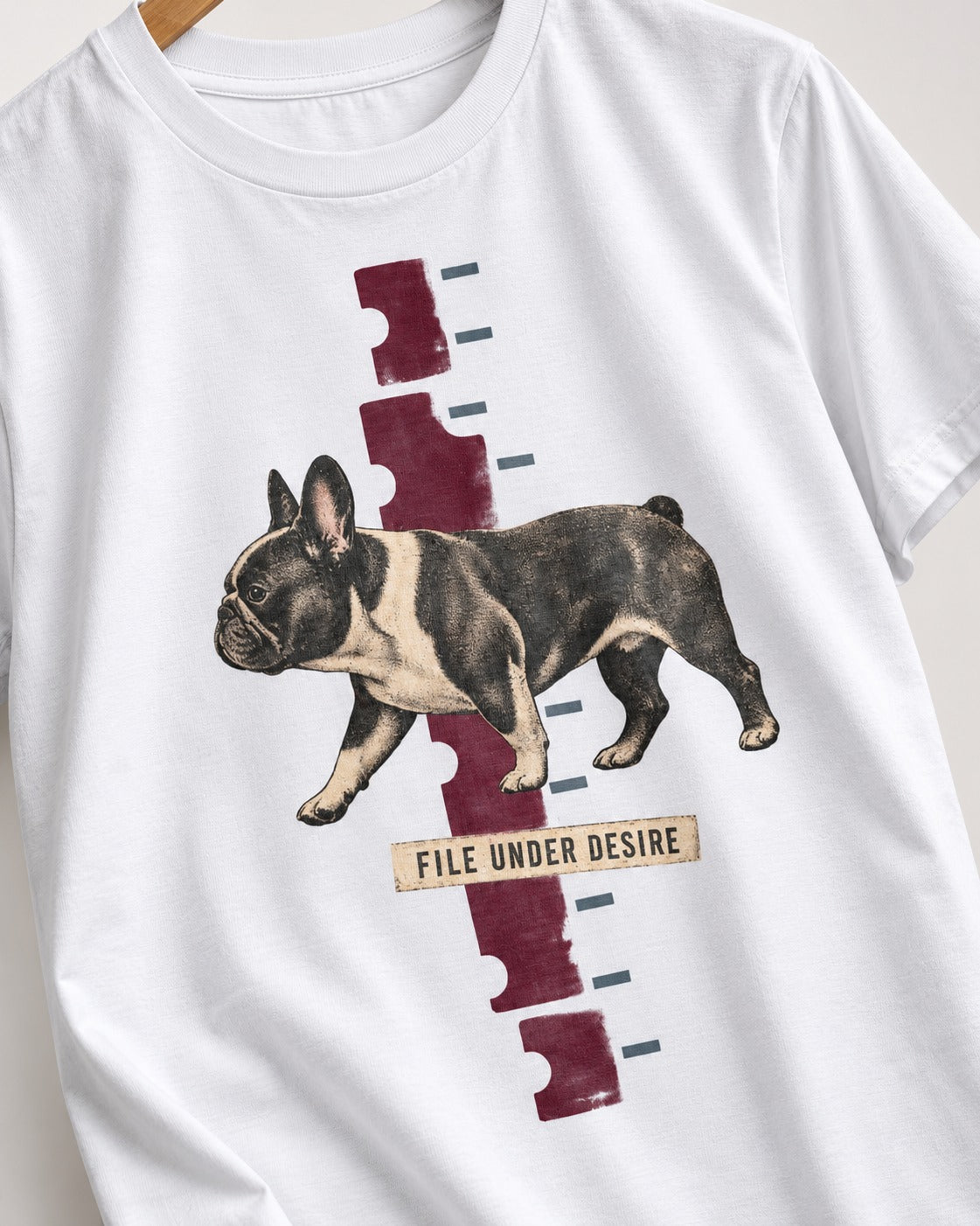 File Under Frenchie Desire T-Shirt in White, close-up of the graphic