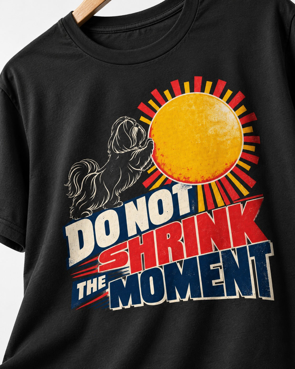 Shih Tzu Do Not Shrink the Moment Sun Graphic T-Shirt in Black, close-up of the graphic