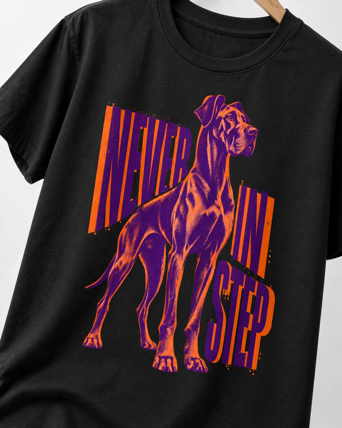 Great Dane Never in Step Standing Graphic T-Shirt in Black, close-up of the graphic