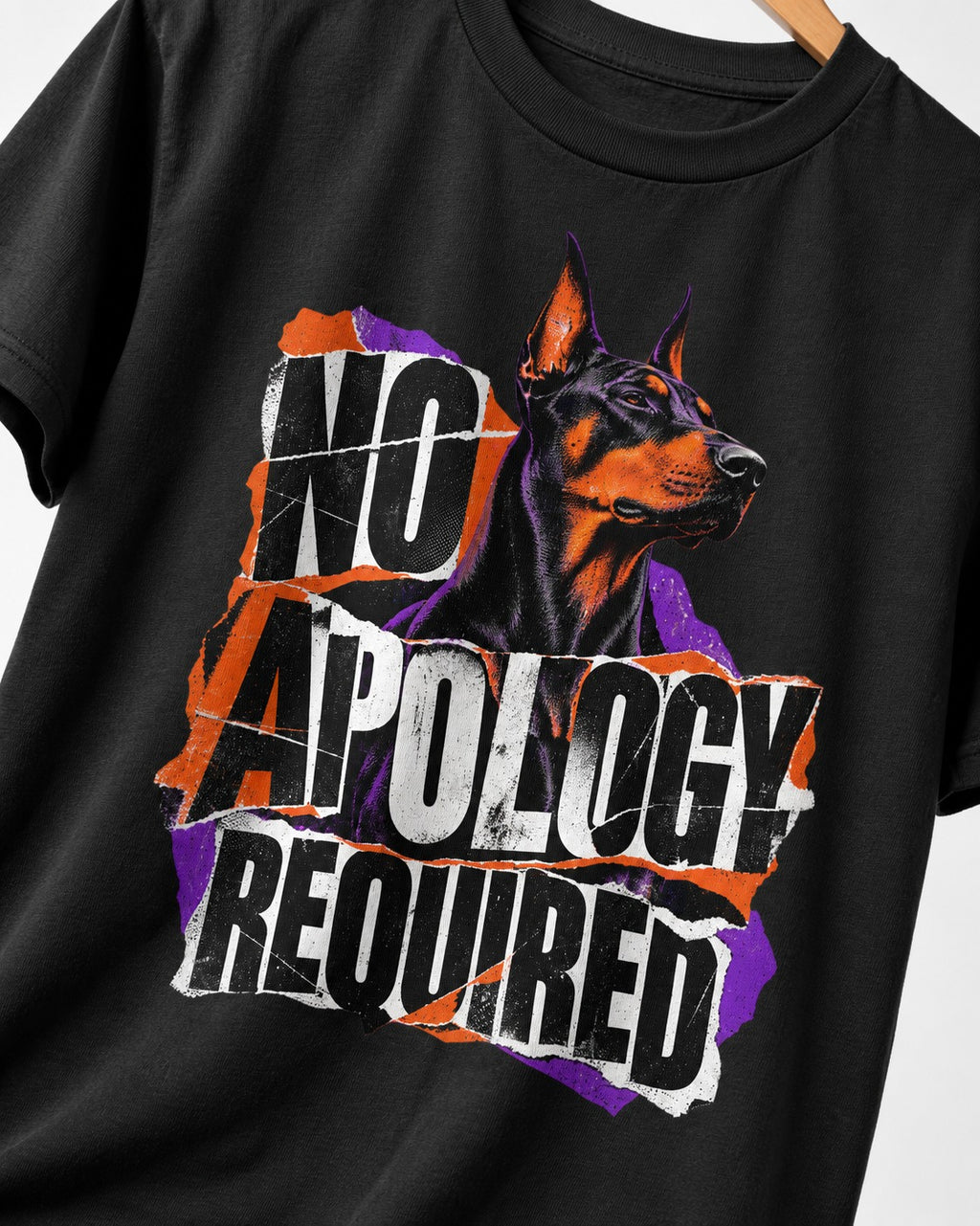 Doberman No Apology Required Torn Paper Graphic T-Shirt in Black, close-up of the graphic