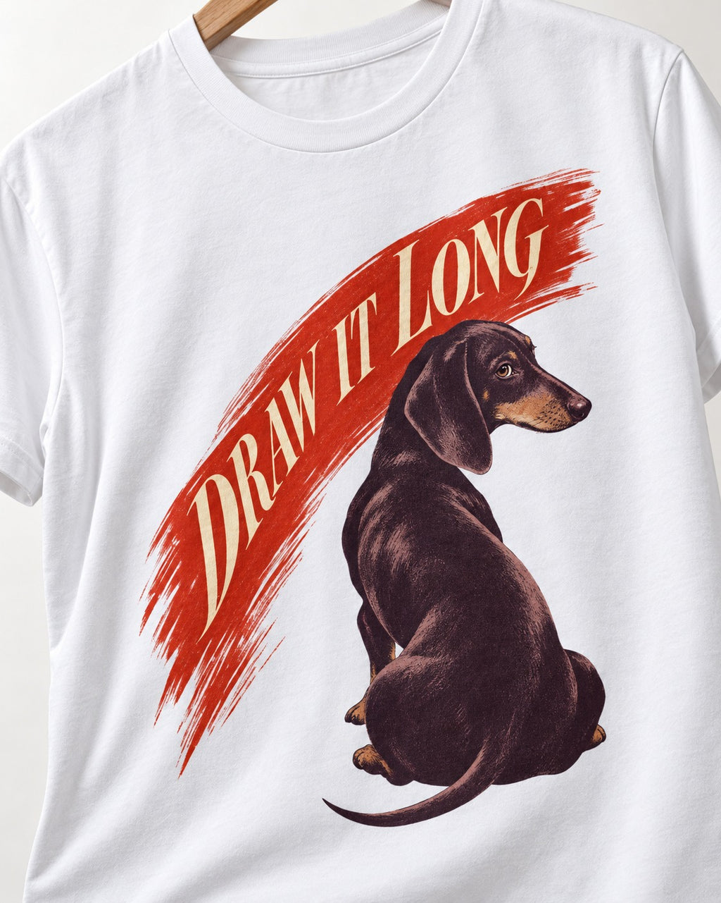 Draw It Long Dachshund T-Shirt in White, close-up of the graphic