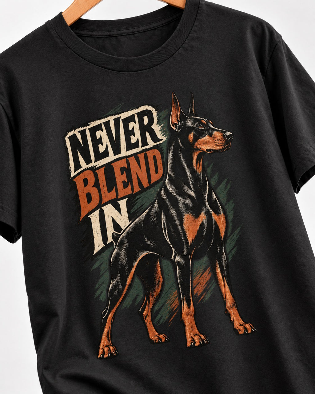 Doberman Never Blend In Brush Graphic T-Shirt in Black, close-up of the graphic
