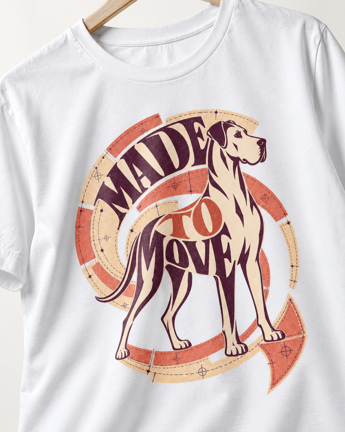 Great Dane Made to Move T-Shirt in White, close-up of the graphic
