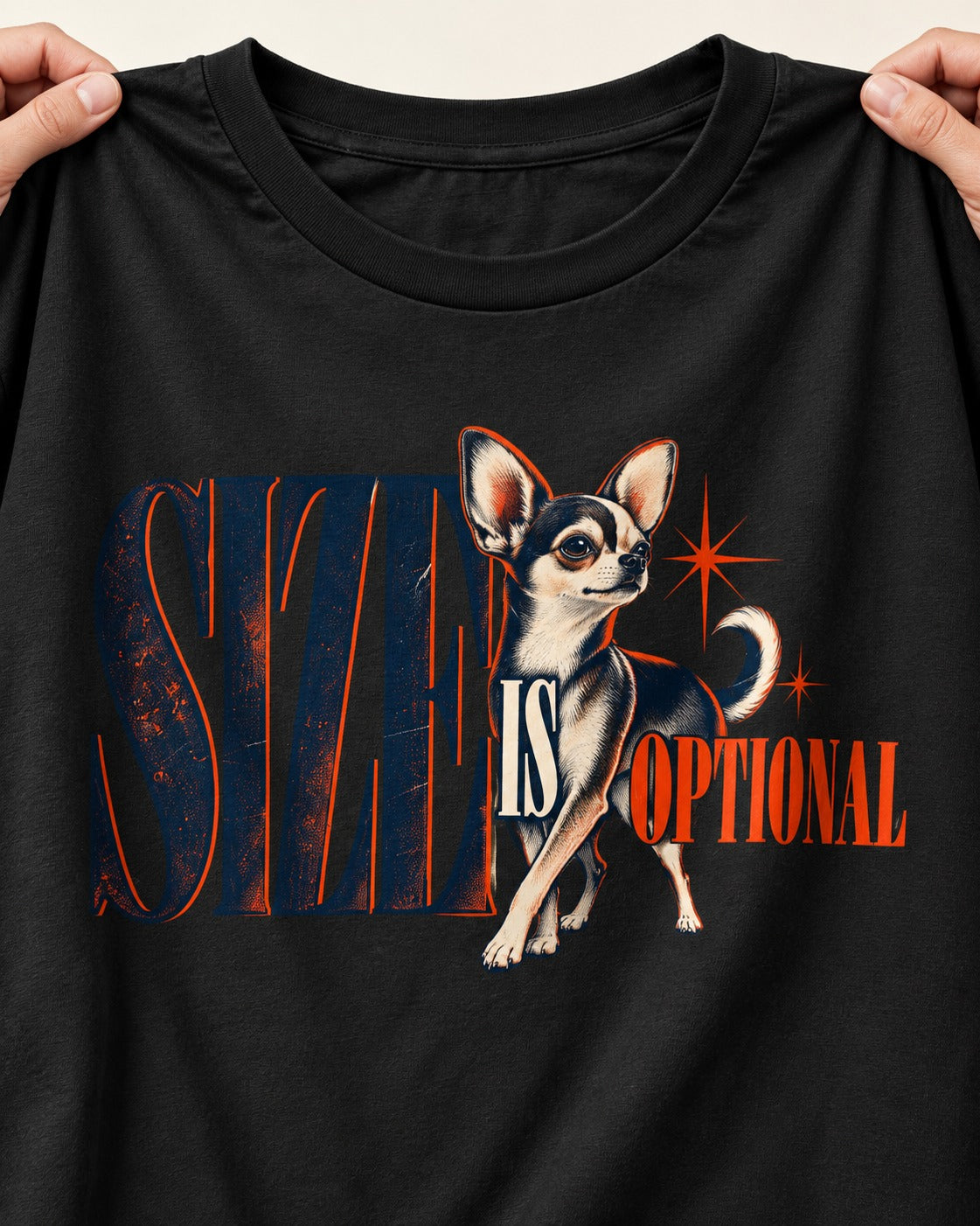 Chihuahua Size Is Optional Starburst Graphic T-Shirt in Black, close-up of the graphic