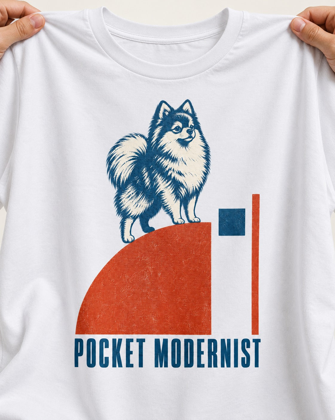 Pocket Modernist Pomeranian T-Shirt in White, close-up of the graphic