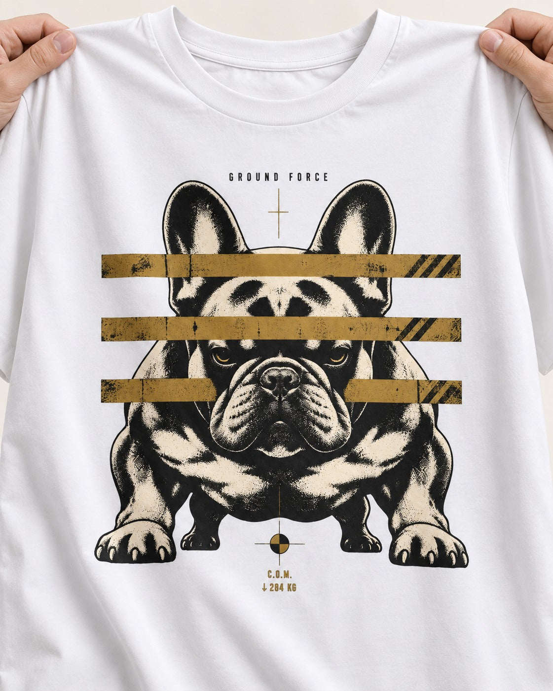 Frenchie Ground Force Industrial Barrier Graphic T-Shirt in White, close-up of the graphic