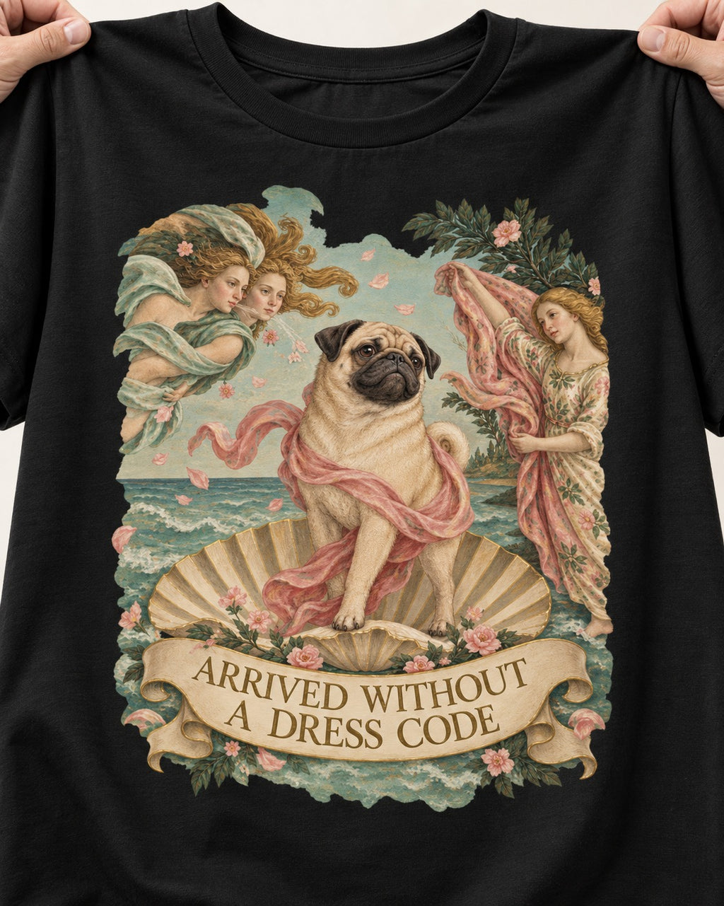 Pug Arrived Without a Dress Code Venus Parody Graphic T-Shirt in Black, close-up of the graphic