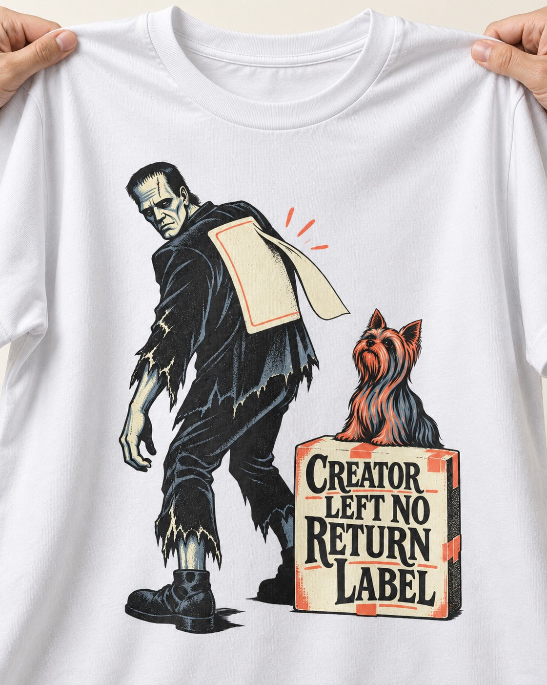 No Return Label Yorkshire Terrier T-Shirt in White, close-up of the graphic