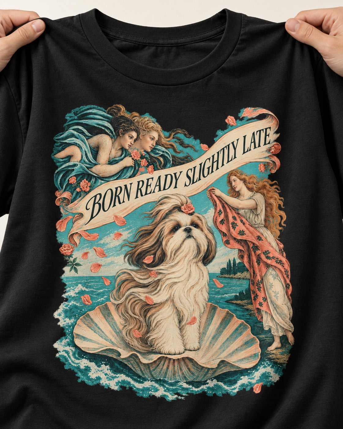 Shih Tzu Born Ready Slightly Late Venus Graphic T-Shirt in Black, close-up of the graphic