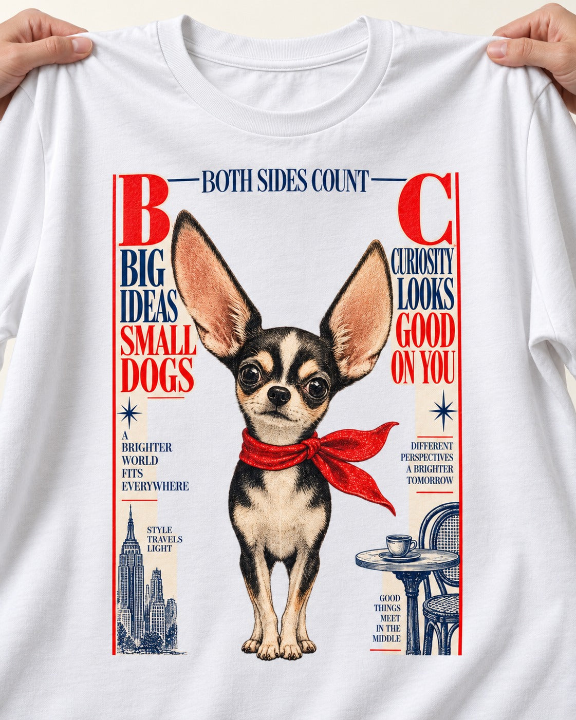 Chihuahua Big Ideas T-Shirt in White, close-up of the graphic