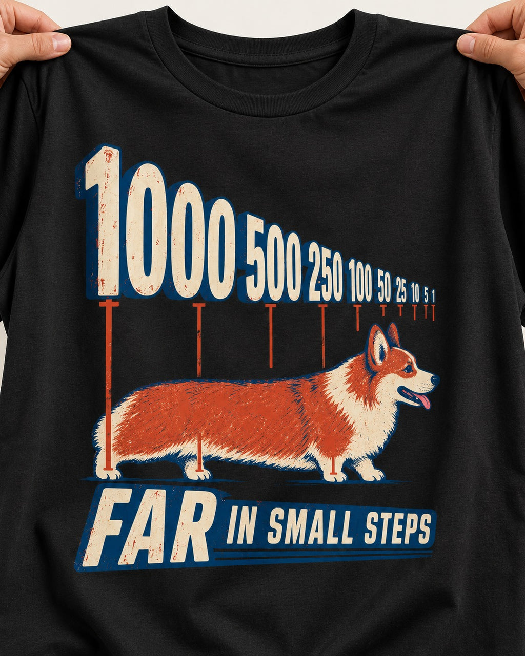 Corgi Far in Small Steps T-Shirt in Black, close-up of the graphic