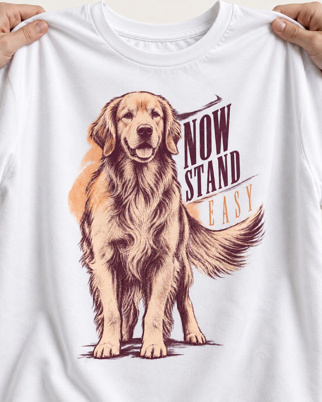 Now Stand Easy Golden Retriever T-Shirt in White, close-up of the graphic