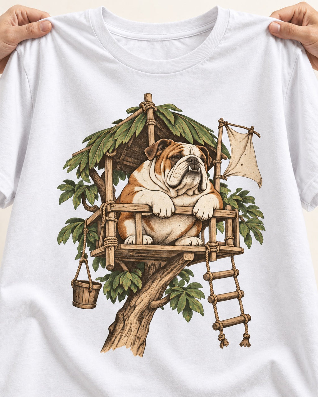 English Bulldog Above It All T-Shirt in White, close-up of the graphic
