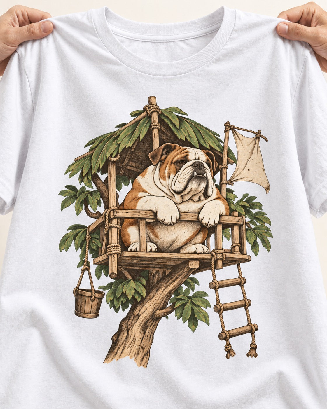 English Bulldog Above It All T-Shirt in White, close-up of the graphic