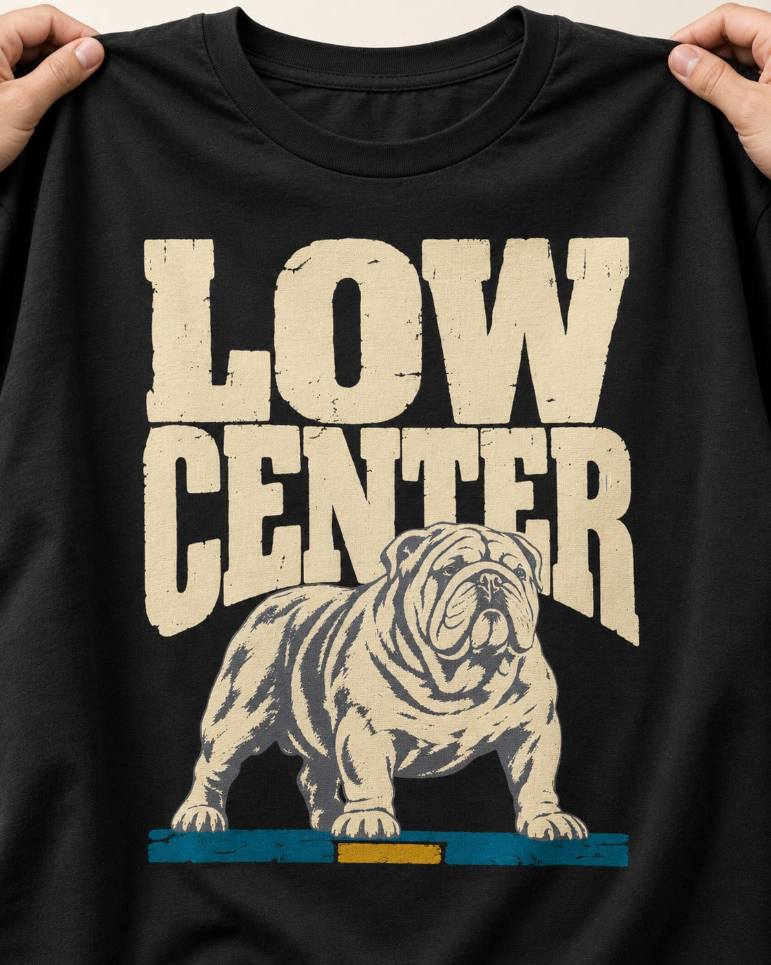 English Bulldog Low Center Stance Graphic T-Shirt in Black, close-up of the graphic