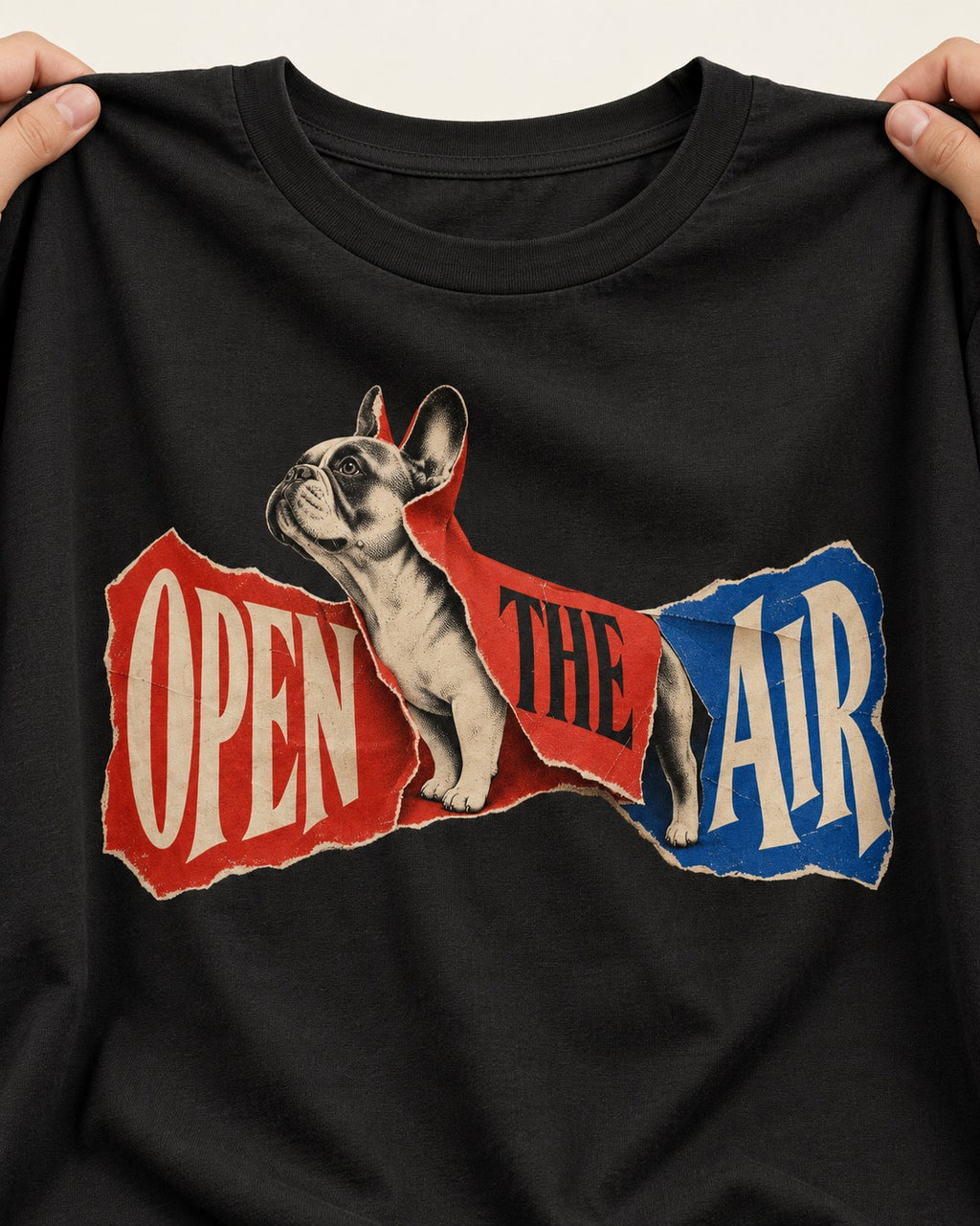 Frenchie Open the Air Torn Poster Graphic T-Shirt in Black, close-up of the graphic
