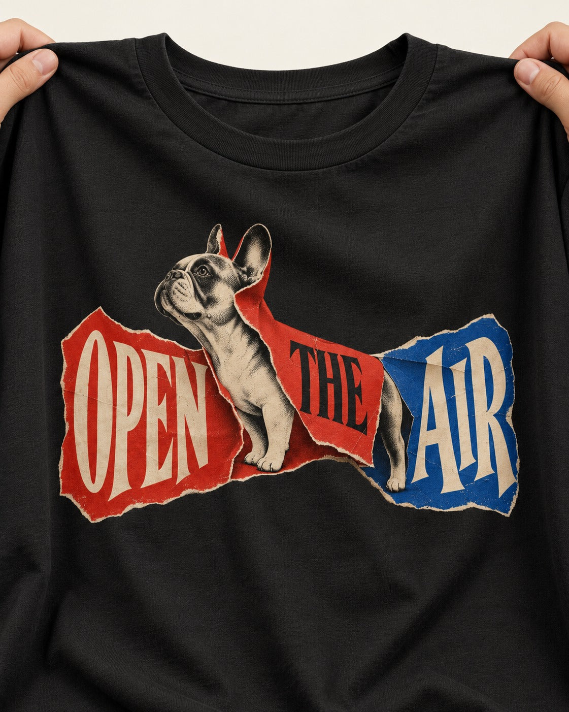 Frenchie Open the Air Torn Poster Graphic T-Shirt in Black, close-up of the graphic