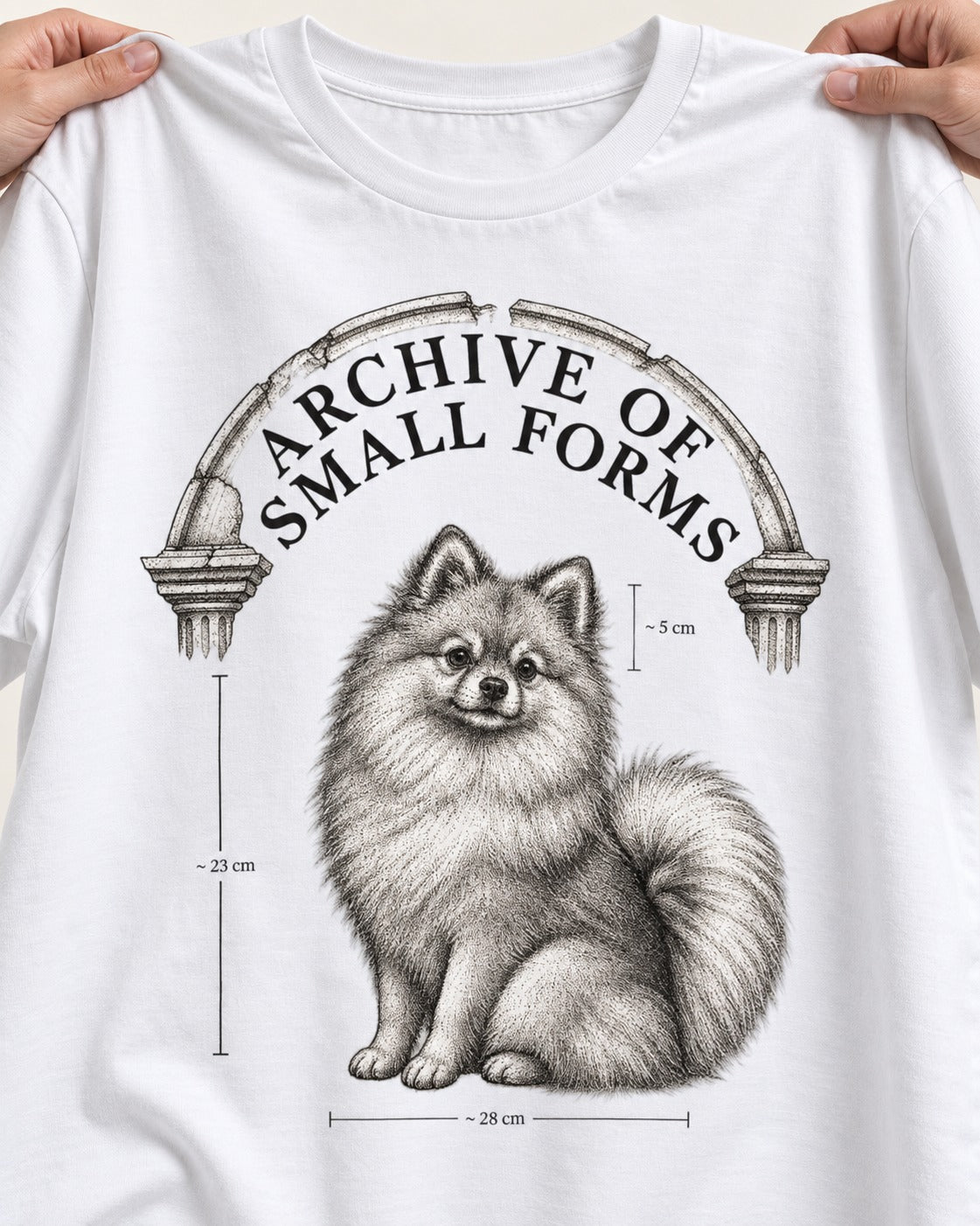 Pomeranian Archive of Small Forms T-Shirt in White, close-up of the graphic