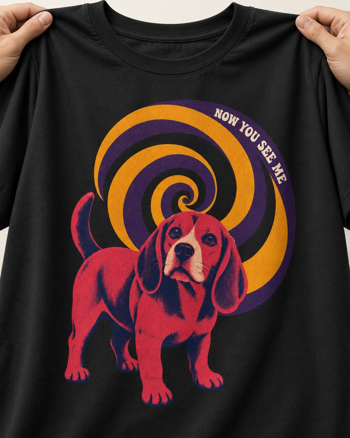 Now You See Me Beagle Spiral T-Shirt in Black, close-up of the graphic