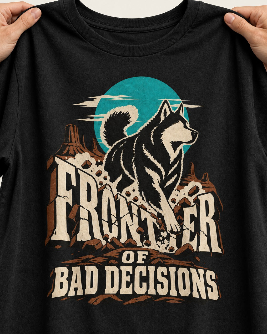 Husky Frontier of Bad Decisions Desert Graphic T-Shirt in Black, close-up of the graphic