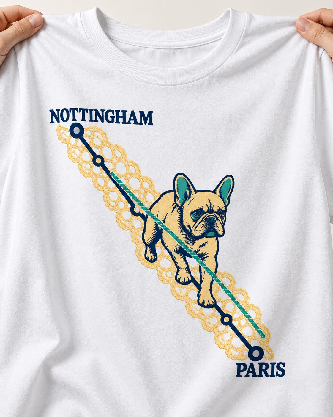 Nottingham to Paris Frenchie T-Shirt in White, close-up of the graphic